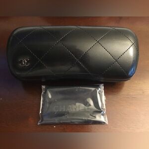 Authentic New CHANEL Black Leather Quilted Eyeglass Case and Cleaning Cloth